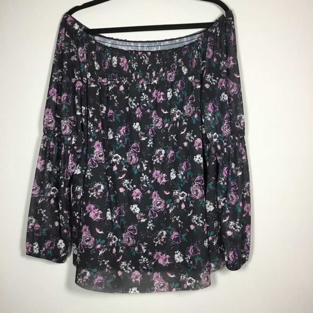 On off shoulder roses print long raunched sleeve blouse peasant milkmaid boho XL